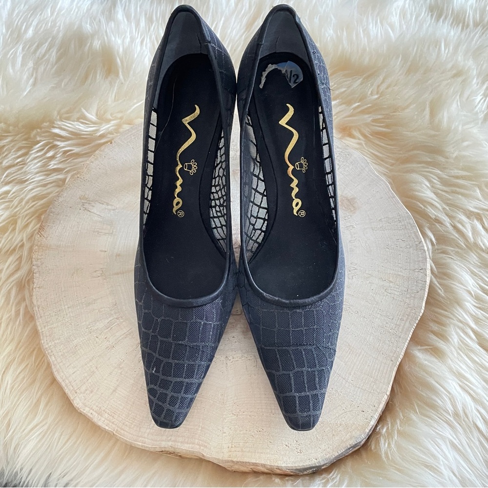 NINA Y2K Black Faux Crocodile Mesh Pointed Toe Pump 3” Heel Glitter Dress Shoe
